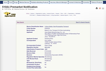 BABIO zagotavlja dovoljenje FDA 510(k) za svoj transportni komplet za viruse (brez inaktivacije)